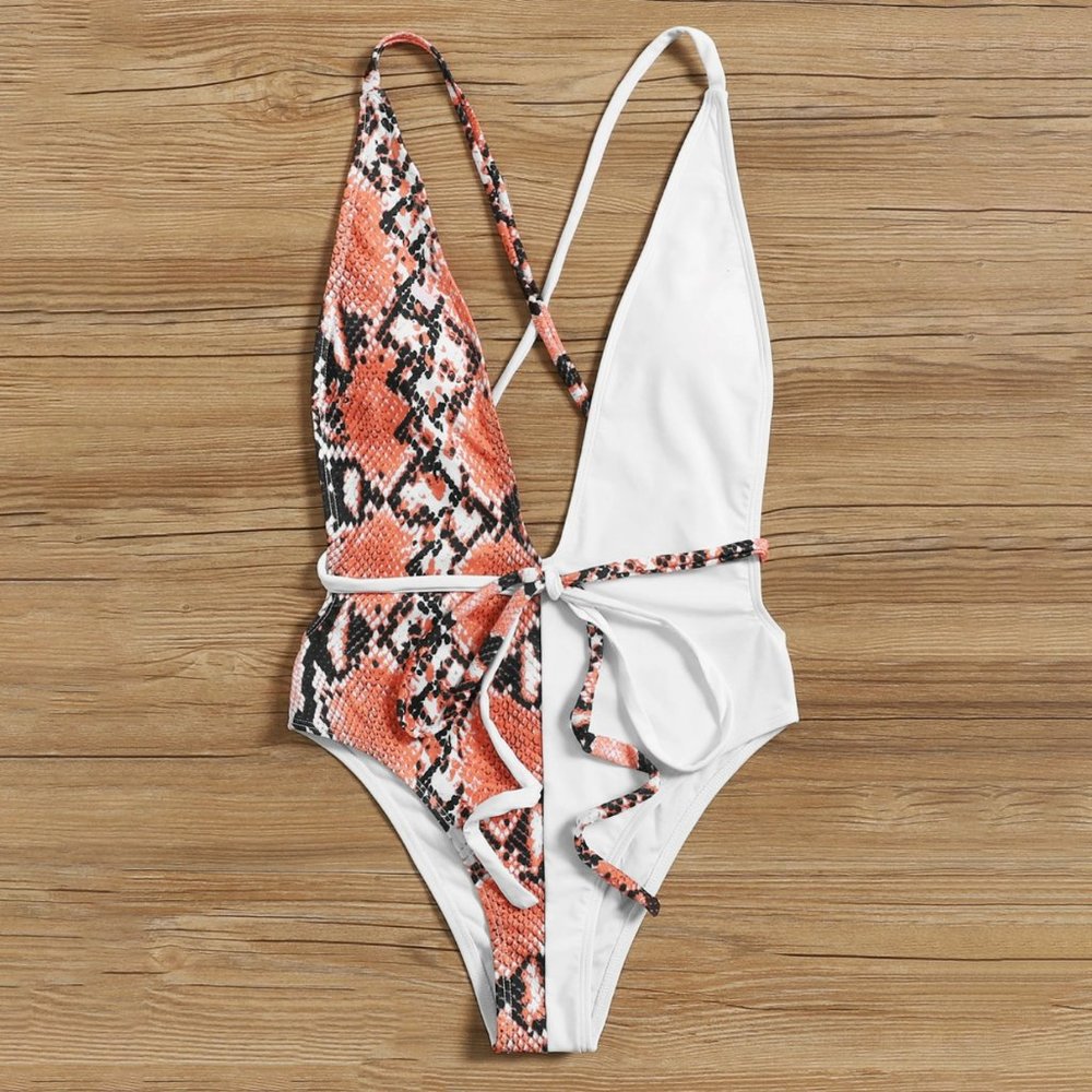 SHEIN Snakeskin Deep V Open Back One Piece Swimsuit